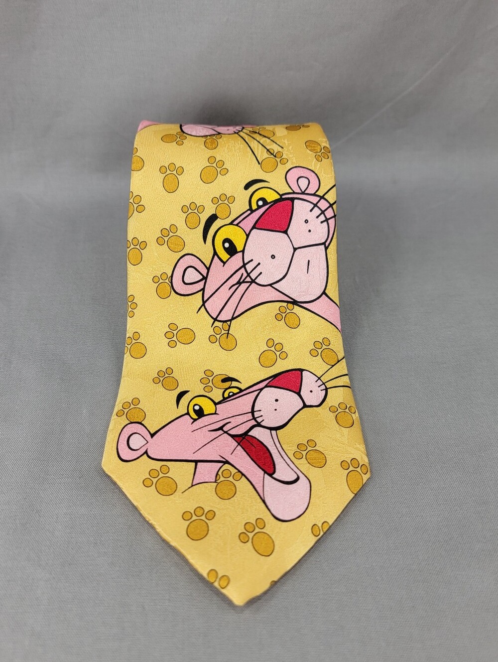 Vtg Pink Panther Silk Necktie Yellow Gold Novelty Cartoon Tie Mens Made in Italy
